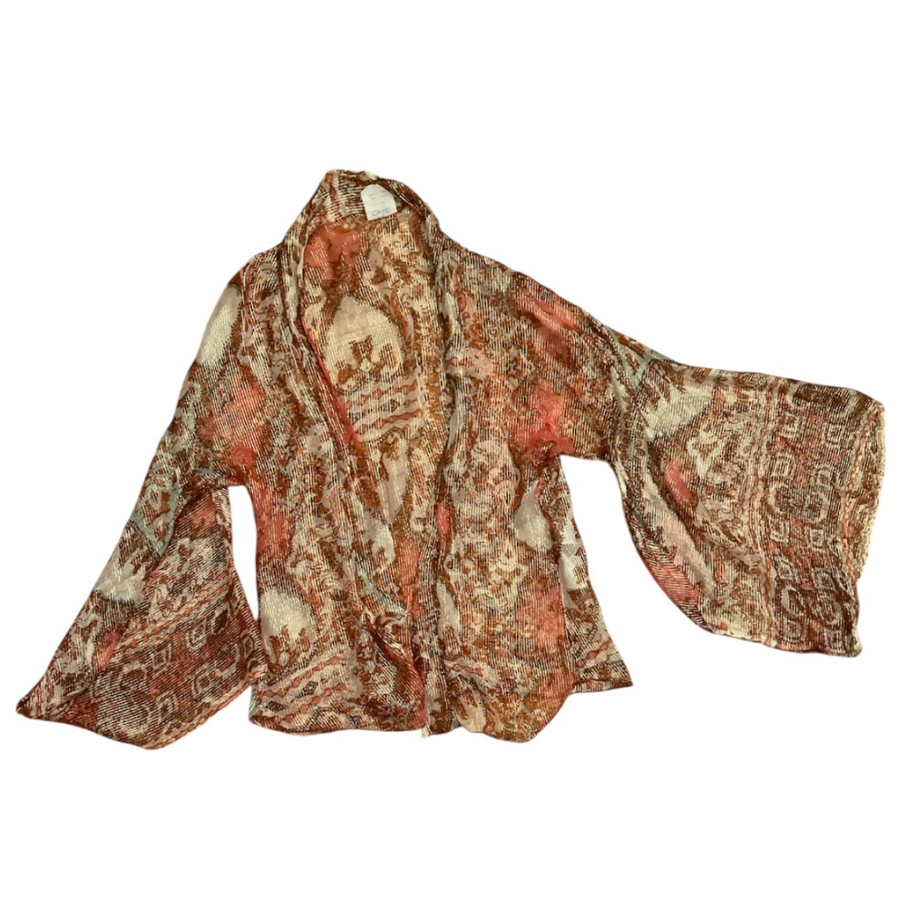 FP One Fleur De Lis Metallic Kimono M Gold Orange Boho Festival Cover Up